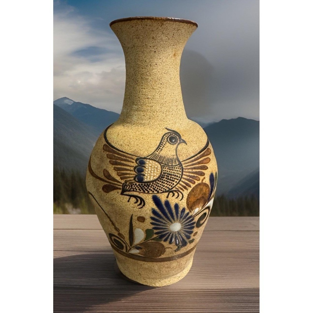 Vintage Mexican Tonala Pottery Vase MB-MEX Bird Floral Hand Painted 8.75" Folk